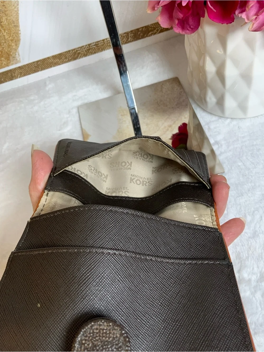 Michael Kors Brown MK Logo Snap Zip Passport Wallet